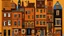 Placeholder: A brown town with buildings made out of instruments painted by Stuart Davis