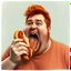 Placeholder: fat man with red hair eating a big hot dog, realistic photo, big mouth open, "Karlsson på taket" vibes