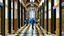 Placeholder: A large indoor hallway with a checkered tile floor and high ceilings. The walls are made of dark wood panels and there are arched doorways leading to other rooms. Several people are walking through the hallway, some wearing suits and others in casual clothing