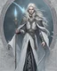 Placeholder: a young High Elf frost Wizard with long wiry hair, wearing a black trimmed white nobleman's robe and frost ornaments on clothes, holding an ornate wizard's staff.