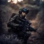 Placeholder: Junior officer, girl army soldier scouting alone (bullet hole midnight Camo Face Paint) in the bush in an alien planet looking for targets of opportunity. High resolution, nighttime shot, epic pic