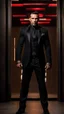 Placeholder: Jason David Frank as a Very muscular alpha male with short hair and tribal tattoos. wearing a black designer suit , standing in a doorway