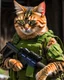 Placeholder: a cut cat soldier wearing a camo uniform, armed with an AR-15