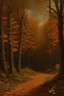 Placeholder: A dark orange autumn season woodland with falling leaves painted by Leonardo da Vinci