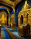 Placeholder: A dark yellow luminous casino theme park designed in ancient Egyptian architectures and sculptures painted by the Limbourg brothers
