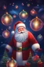 Placeholder: Christmas Themed -- Multicolored 3D Bubbles, multicolored, Floating 3D hearts with an electrical current, fog, clouds, somber, ghostly mountain peaks, a flowing river of volcanic Lava, fireflies, Christmas tres, a close-up, portrait of Santa Claus smiling a big bright happy smile, wearing his traditional Christmas uniform, in the art style of Boris Vallejo