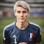 Placeholder: 85mm DSLR color photography of a very detailed headshot fitting all of head and hair in frame. 18-year-old French soccer player, and with no facial hair and has no facial hair, has medium length straight white hair with a small smile, grey background