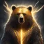 Placeholder: A Archdruid bear with glowing gold fur and fierce eyes ready to charge and raining lightning down upon all, in glass paint art style