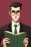 Placeholder: Fit man in round glasses with bookshelf in background,no beard, reading book, slim, tie, monotone, green eyes, comic book style, two tone colours, detailed, ink, realistic, handsome, square jaw, big brows, no jacket, bird on the shoulder, spotlight