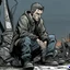 Placeholder: man, ethan hawk, sitting, comic book, post-apocalypse, grey background, illustration,
