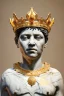 Placeholder: Ultra Realistic image, classic sculpture, white marble material, Maradona, gold laurel leaves crown, gold veins, gold ornaments, sun rays background, waist up portrait, epic, celestial, cinematic lighting, God lights, 4k resolution, smooth details, soft lighting, unreal engine 5, art station, substance 3d.