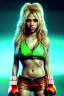 Placeholder: portrait, Shakira, blonde artist, angry, Realistic image, boxing robe, hoodie dress. loose long hair, eyes make up, perfect, glow, circle iris. Neon colors, leds, geometric shapes. Dark background, photo studio, neon lights. Mad max, concept art, smooth, unreal engine 5, god lights, ray tracing, RTX, lumen lighting, ultra detail, volumetric lighting, 3d, finely drawn, high definition, 4k.