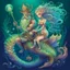 Placeholder: luminescent. mystical, mermaid gnome couple with long curly fancy flowing tail. Riding a seahorse, Marine life Background. perfect facial features. Hyperdetailed, dreamlike.