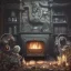 Placeholder: an viking fire place in old house, scary, zombie, steam punk, realistic, made in octane, cinematic, ultra-realistic, extremely detailed octane rendering, 8K, VRAY Super Real ar 2:3, dof photorealistic futuristic 50mm lens hard lighting dark gray tintype photograph, realistic lighting, sepia color