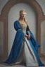 Placeholder: Powerful classical portrait of a traditional blonde queen in her late 50s wearing a blue dress standing in a powerful position a little zoomed out