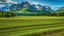 Placeholder: green sloping field near Banff with rocky mountains in the background