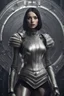 Placeholder: full body picture of a skinny woman with a bob, in silver armour, holding a curved sword, futuristic steampunk background