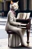 Placeholder: One single mature cat lady playing piano on the street, sitting on a chair,Vienna, friendly, model style, hyper realistic, extremely accurate, delicate, extremely detailed, Graphic novel style, wide-angle, open aperture, superfine pencil