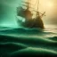 Placeholder: beach with ship wreck, closeup on ghost, water, reflection, movie poster, fantasy art, misty