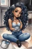 Placeholder: Create a futurism magna watercolor pain art of a black chibi curvy female sitting on the floor looking at herself in a hand mirror. She is wearing tight blue jeans and a black off the shoulder blouse. Prominent make up with lush lashes. Highly detailed long wavy hair. She is also wearing silver large hoop earringsart of a black chibi curvy female sitting on the floor looking at her cell phone. She is wearing tight blue jeans and a black off the shoulder blouse. Prominent make up with lush lashes