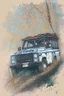 Placeholder: an old land rover rover is climbing a slope covered with wet autmn leaves from the surrounding trees watercolor painting