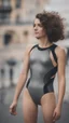 Placeholder: beautiful anorexic young woman, total shot, short shiny anthracite triathlon swimsuit, short brunette wavy bob hair, blurred city background