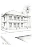 Placeholder: kerala style naalukettu architecture , single story building in waterfront, pencil sketch