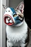 Placeholder: cat with shark mask in the style of warhol