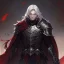 Placeholder: Vampire knight, young man, handsome, long white hair, black full plate armor, red cape