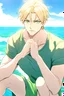 Placeholder: The handsome and perfect portrait is on Spruce Street, anime, blonde-haired and green-eyed male character on the beach for the magazine, 8K resolution, high quality, ultra graphics, and detailed with lines.