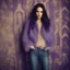Placeholder: Megan fox , Hippie girl, jeans, purple fur, striped wallpaper, old autochrome