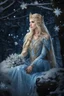 Placeholder: Elven princess,elven crown,long blonde golden hair,rapunzel hair,ice flowers,beautiful,light blue,dark blue,golden armor,sparkle,glitter,ice flowers,snow,elven ears,dark fairy princess