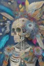 Placeholder: Painting entitled "If you only opened your mind, perhaps your brain could fall out"; neo-surreal skeleton wearing a designer outfit painstakingly sewed together from a patchwork of mixed media including feathers, foliage, flowers, gemstones, and shiny sequins that reflect the sun; quilling, award-winning, masterpiece, portfolio piece, fantastical, Intricate, provocative, superbly detailed, Holographic, Magnificent, Meticulous, Mysterious