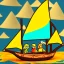 Placeholder: Legend Of Zelda: Wind Waker style Small wooden ship, with bright sails, on a vast ocean, stylized, colorful, adventurous, full view.