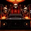 Placeholder: DJ of the damnded, insanely detailed DJ booth in hell, MID set, speakers and equipment made of bone, anatomically correct, add more skulls in th audience, photorealism, vray, 8k 3d