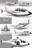 Placeholder: ideation aeroplane airmed inspired by shark with side view, quarter view and front view