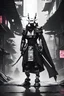 Placeholder: samurai robot in black and white cloak in a cyberpunk environment