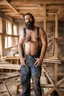 Placeholder: half figure shot photography of an ugly 44 year old stocky big chubby robust burly turkish carpenter embraced, dirty, wet, wearing bulging overalls, shirtless, hairy chest, serious, very virile, long beard, curly hair,, , in a sunny construction work area, photorealistic , photorealistic