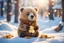 Placeholder: cute chibi bear sadly counting his money and golden coins in winter, snowy scene in sunshine, ethereal, cinematic postprocessing, bokeh, dof