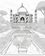 Placeholder: a coloring book, coloring page, depicting the Taj Mahal, with a scene of trees and a pool in front, cartoon style, highly defined, full body, white background, empty background, simple outlines