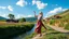Placeholder: beautiful yaung german blonde lady in pants and shirt is dancing and singing in country side next to narrow river ,flowers blosome pretty clouds in blue sky ,few nice trees and country houses