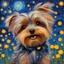 Placeholder: A painting of a cartoon Yorkie portrait in the style of Vincent van Gogh the starry night, thick paint, big brushstrokes; fresh vibrant graffiti oil painting art image; watching dandelion seeds in the wind, alcohol inks, chalks, oil pant, glitter, mixed media;fresh color;random color Zentangle patterns in the styles of Gustav Klimt, Wassily Kandinsky, Paul Klee, and Kay Nielsen that depicts a remote autumn forest glade, with fine in