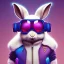 Placeholder: pixar style anamorphic cute rabbit baby, smiling, cyberpunk headphone, sunglass, gangsta gold neckless, full body, magenta puffer jacket, manila city backdrop, dramatic lighting, hyper realistic, unreal engine 5, 16k