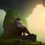 Placeholder: living sleeping giant on his back on a stone bench in a cavern