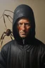 Placeholder: Th tall man with an Ant face with black hood , Busch painting style