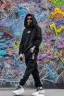 Placeholder: the coolest rapper ever with hoody and trendy clothes. graffiti wall in background are full of nft images and crypto currency symbols