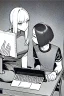 Placeholder: hacker girl use a laptop sitting next to other customers in a cafe, line arts, greyscale