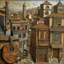 Placeholder: A grayish copper brown town with acoustic guitar shaped buildings designed in Oaxacan alebrijes painted by Max Ernst