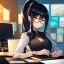 Placeholder: girl, masterpiece, best quality, cinematic lighting, detailed outfit, perfect eyes, black hair, golden eyes, long hair, ponytail, black glasses, at office, hairclip,