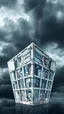 Placeholder: Synthography Art generated Of cube shape building with visual details of mechanical parts textures with gray clouds storm in the background